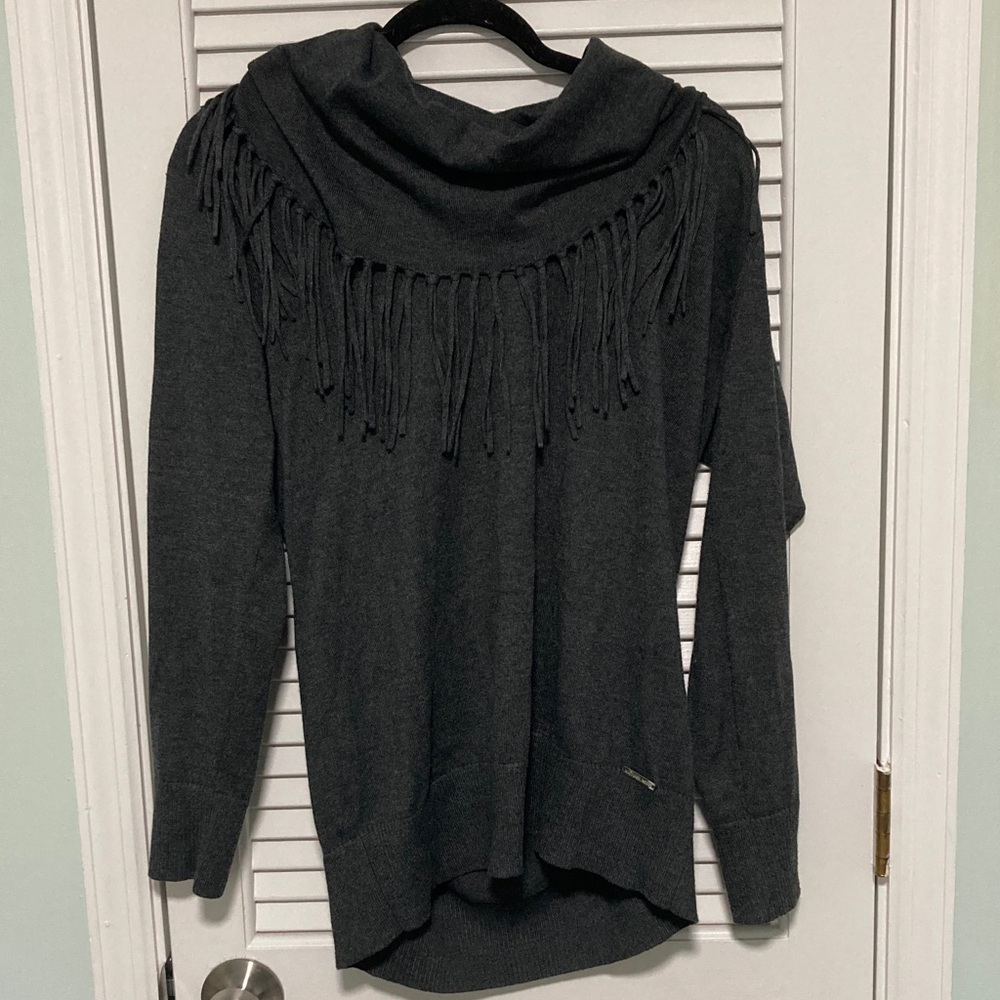 Michael Kors Dark Gray Fringe Turtleneck Sweater